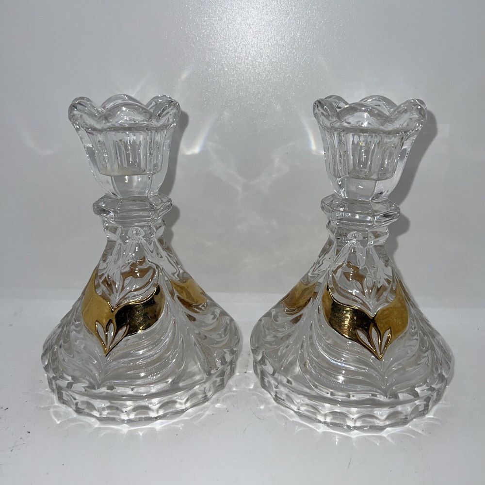 GERMAN HANDARBEIT 24% LEAD CRYSTAL CLEAR GOLD ACCENT CANDLESTICKS 5"